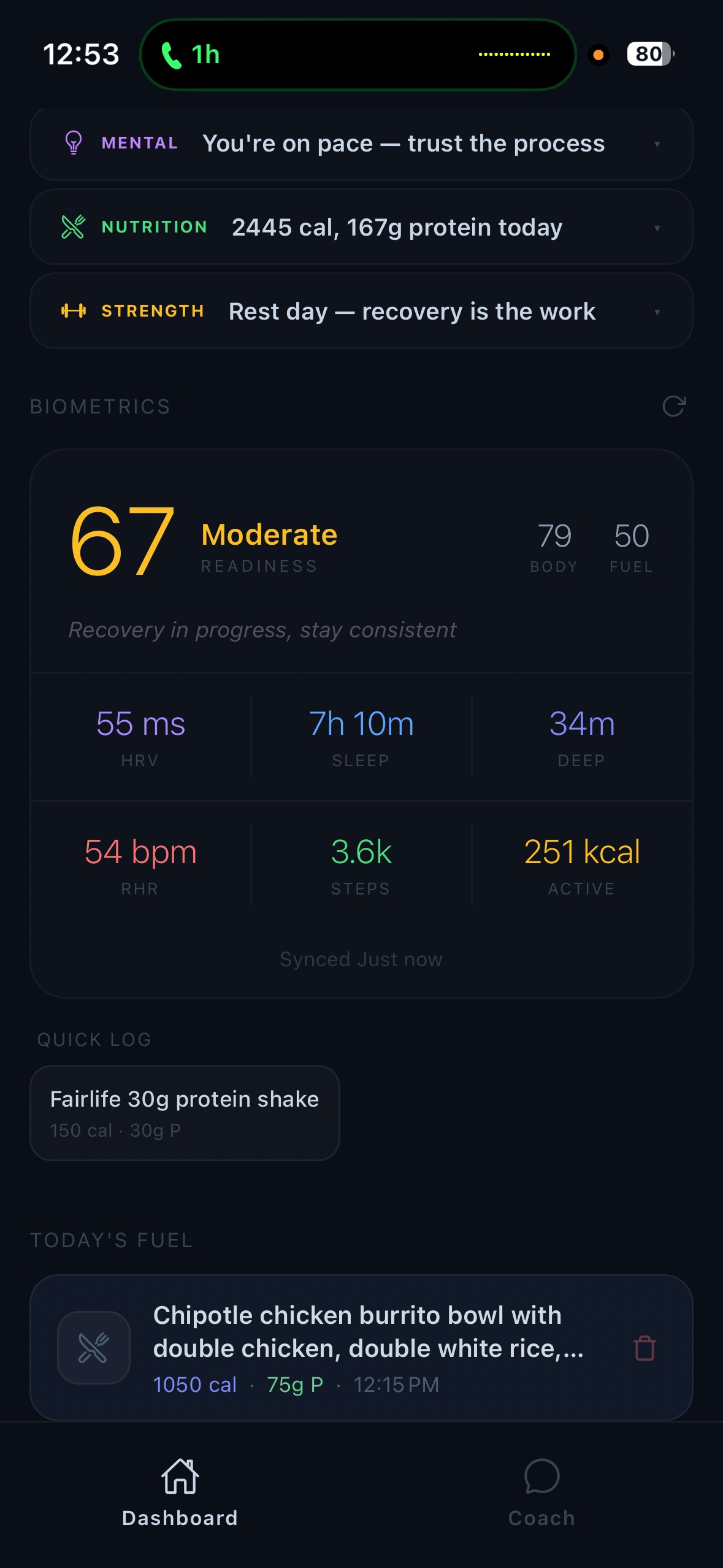 Biometrics detail view with readiness score and sub-scores