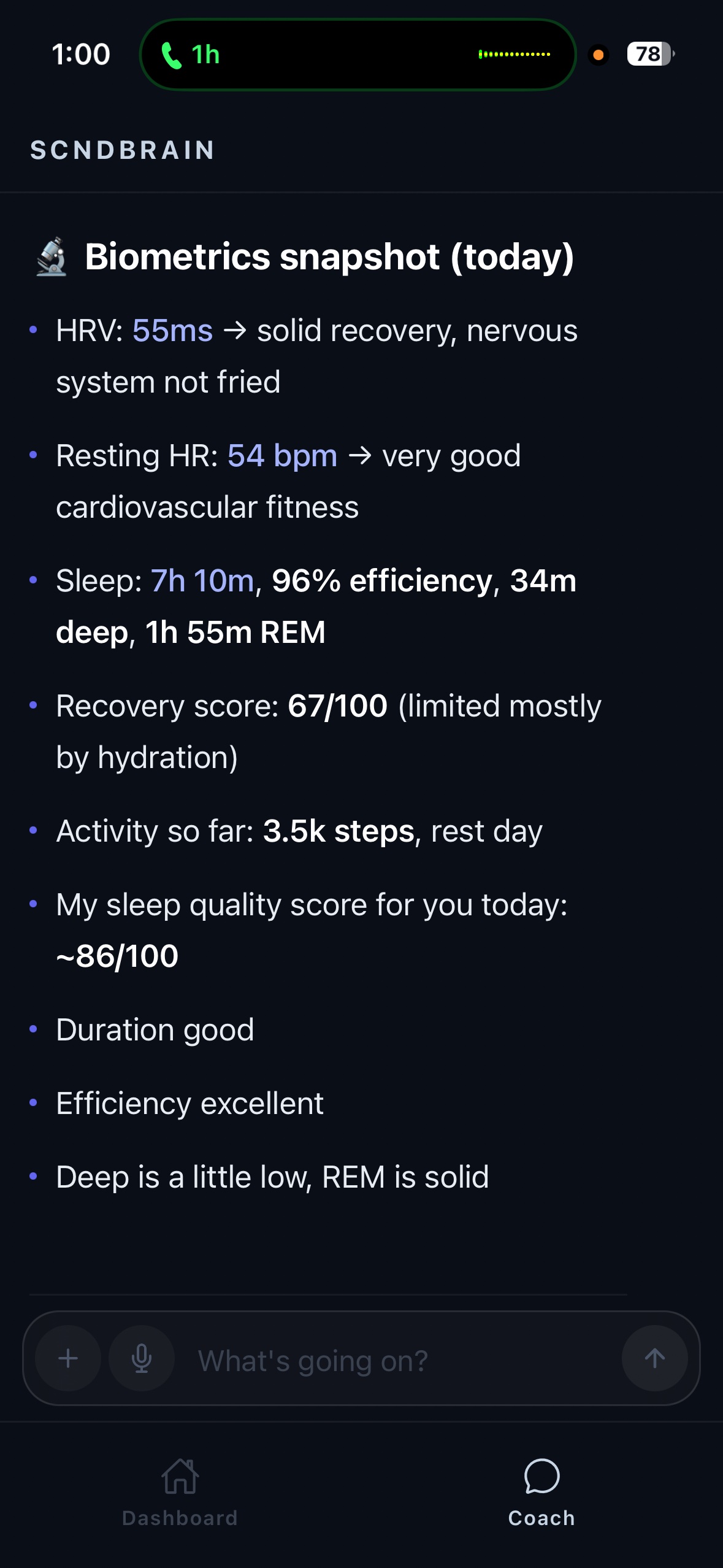 Biometrics snapshot in coach chat