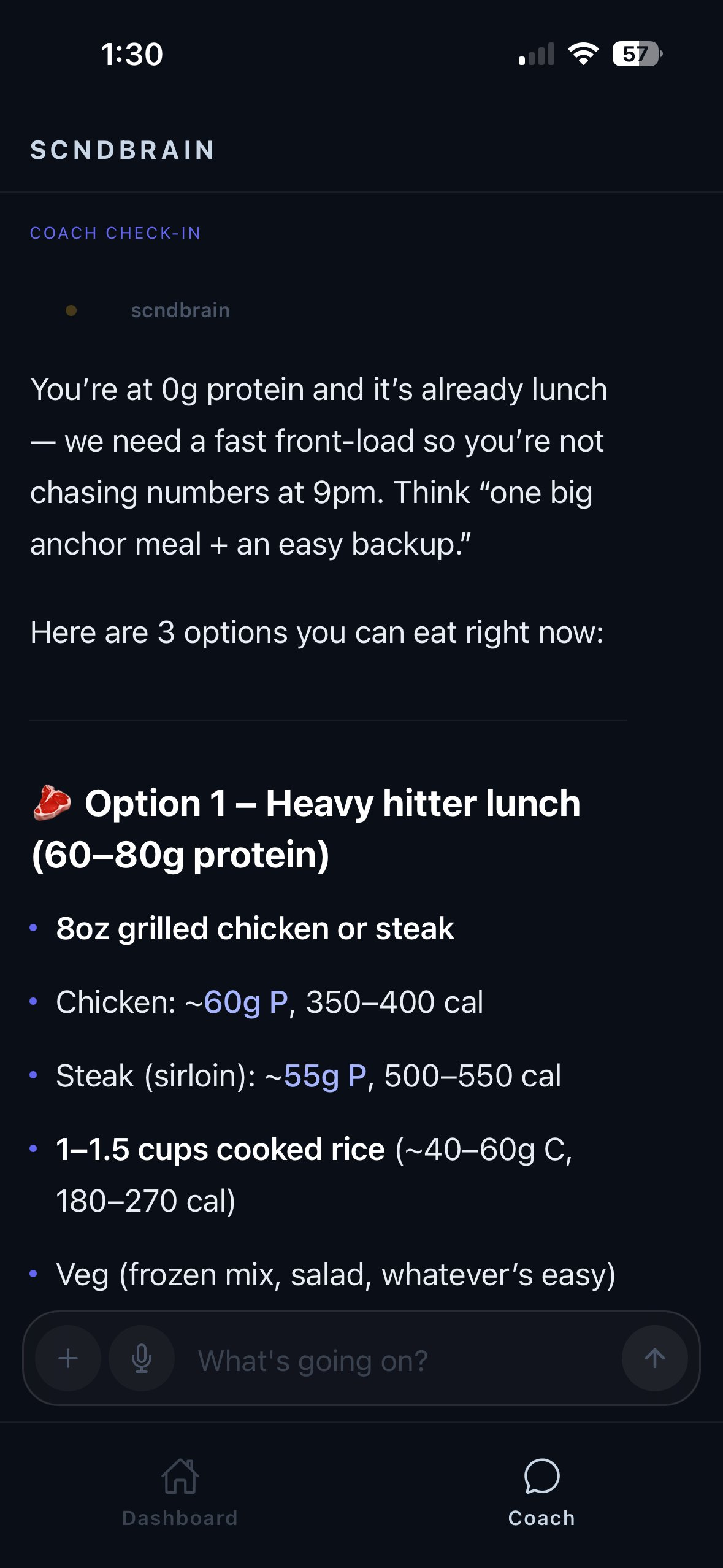 Coach giving specific meal options with macro targets