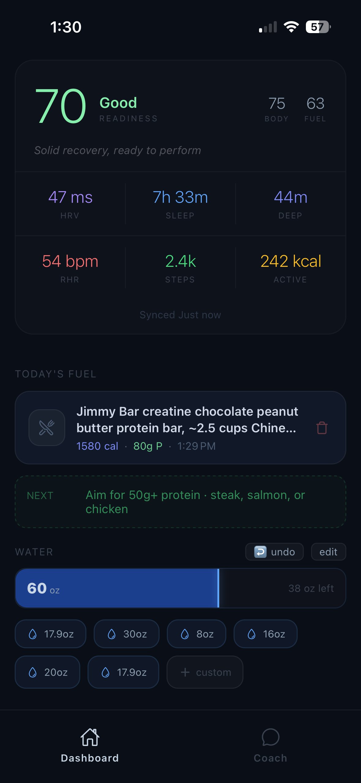 Scndbrain dashboard with biometrics and fuel tracking