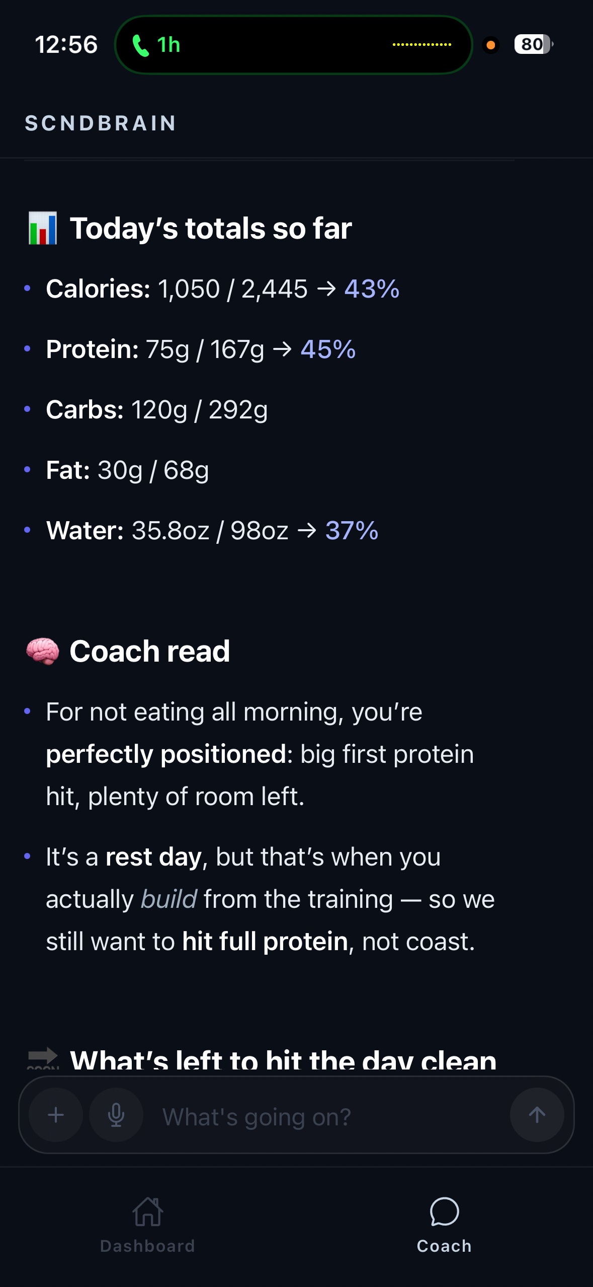 Today's nutrition totals and coach read